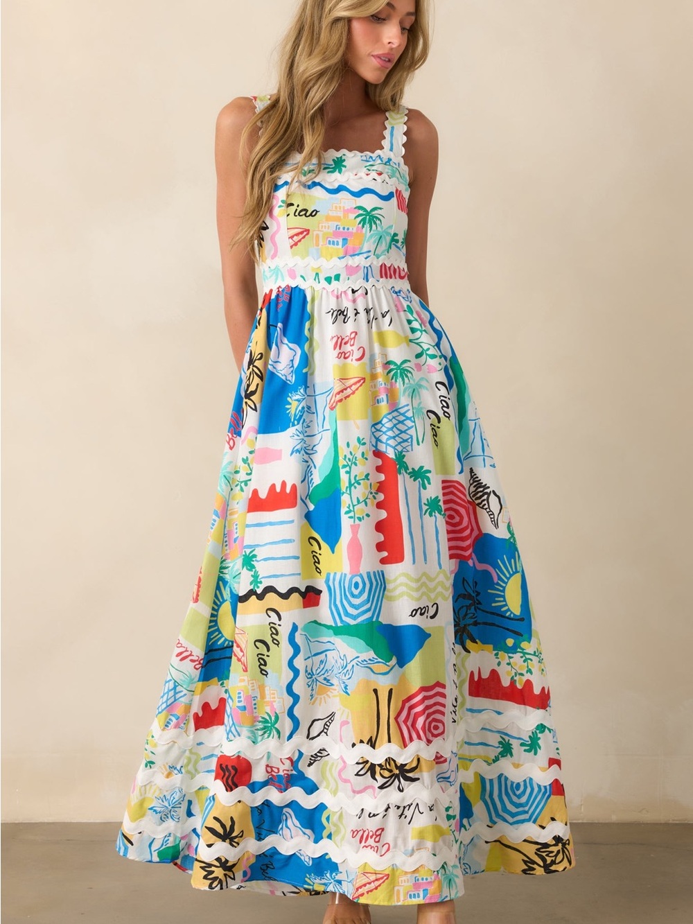 NWT Prosperina Florence Tropical Print Linen Maxi Dress Colorful Ric Rac Trim S - Picture 2 of 7